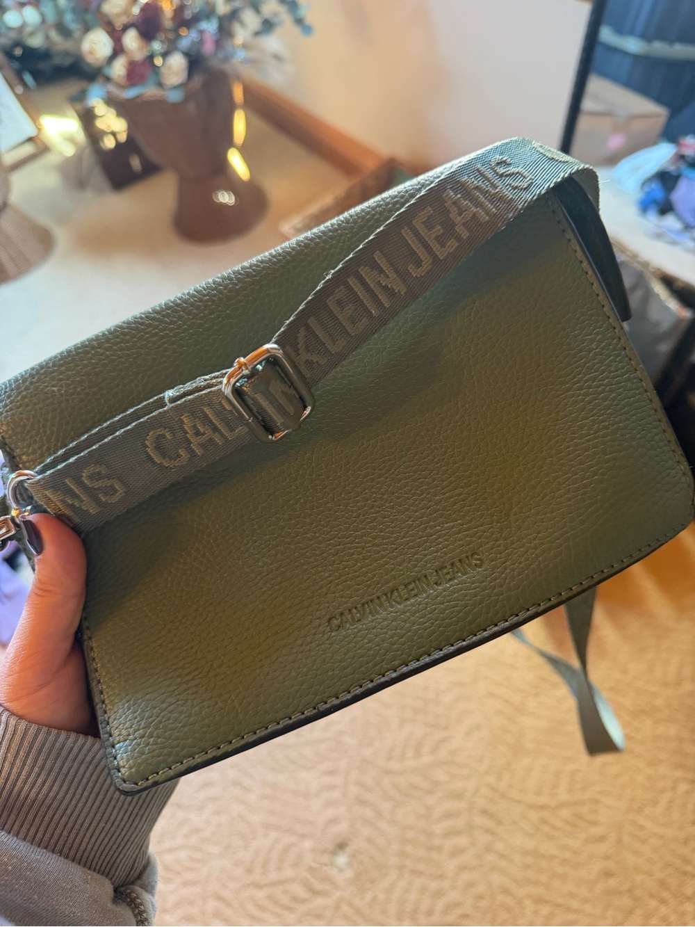 Calvin Klein Jeans Olive Crossbody Bag with Branded Strap